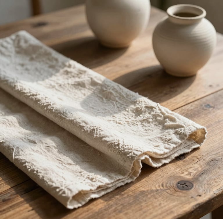 A quiet close-up of textured linen textiles and handmade ceramic vessels on a weathered oak table, soft morning daylight casting long gentle shadows.