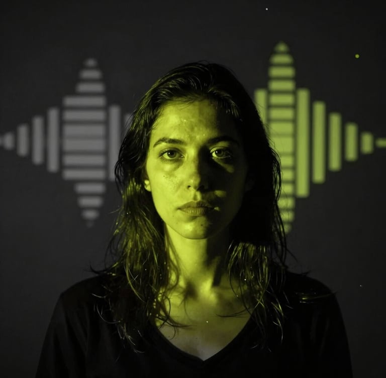 Moody experimental portrait of a female sound artist in a dark charcoal studio, high-contrast acid lime gel lighting casting dramatic shadows, abstract acoustic resonance patterns in the background, macro lens.