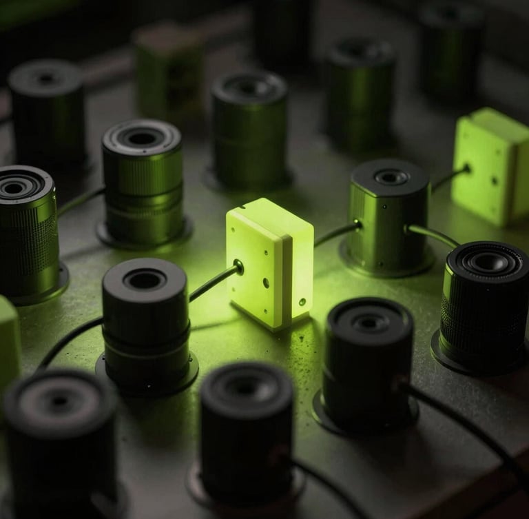 Abstract installation of sound transducers and macro cables, dark charcoal tones, dramatic chiaroscuro lighting with sharp acid lime green highlights, high-contrast, moody experimental photography.