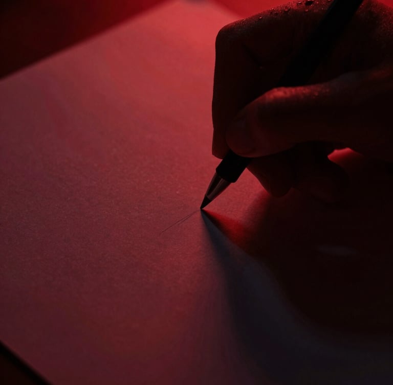 High-contrast low-key close-up of hands writing on dark paper, dramatic side-lighting casting deep shadows, crimson tones, macro lens