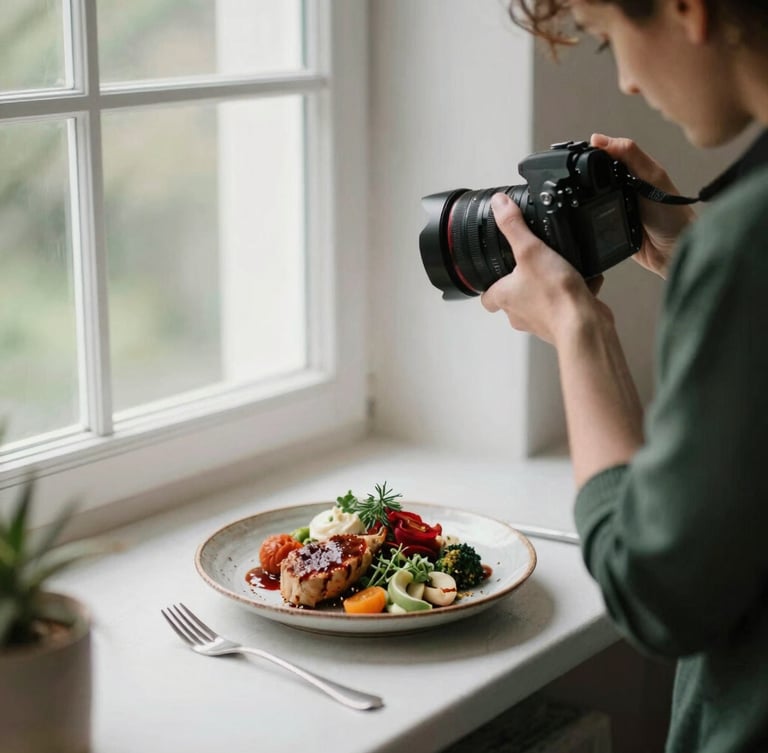 Candid behind-the-scenes shot of a food photographer holding a camera, styling a rustic plate of food near a bright window, soft shadows, 35mm editorial