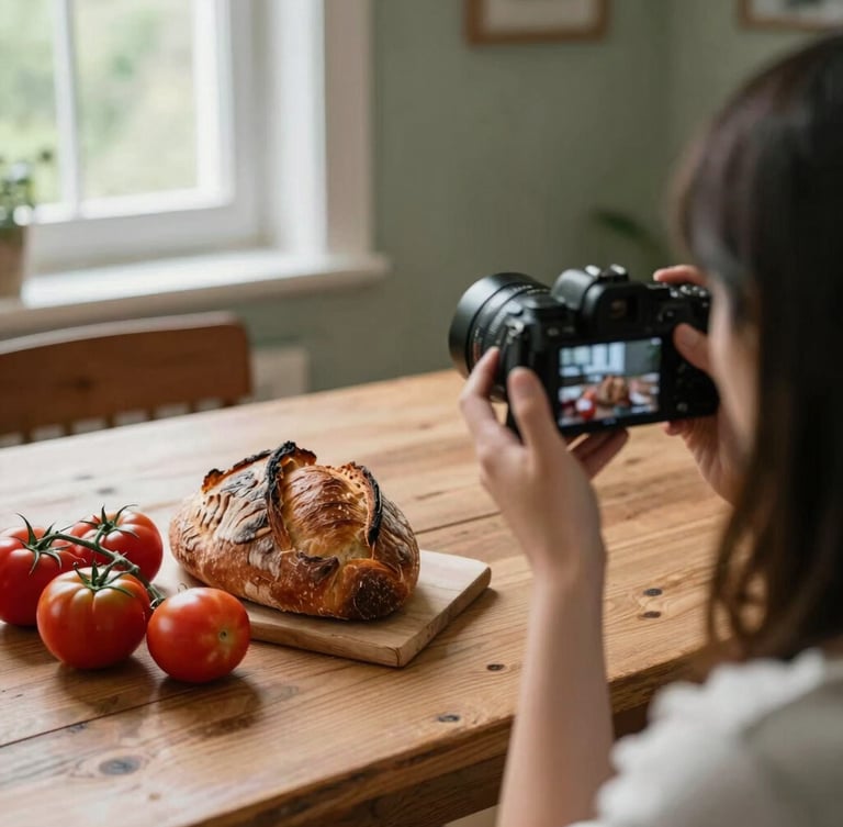 Over-the-shoulder shot of a photographer holding a camera, framing a rustic wooden table spread with fresh sourdough and heirloom tomatoes, natural window light, 35mm