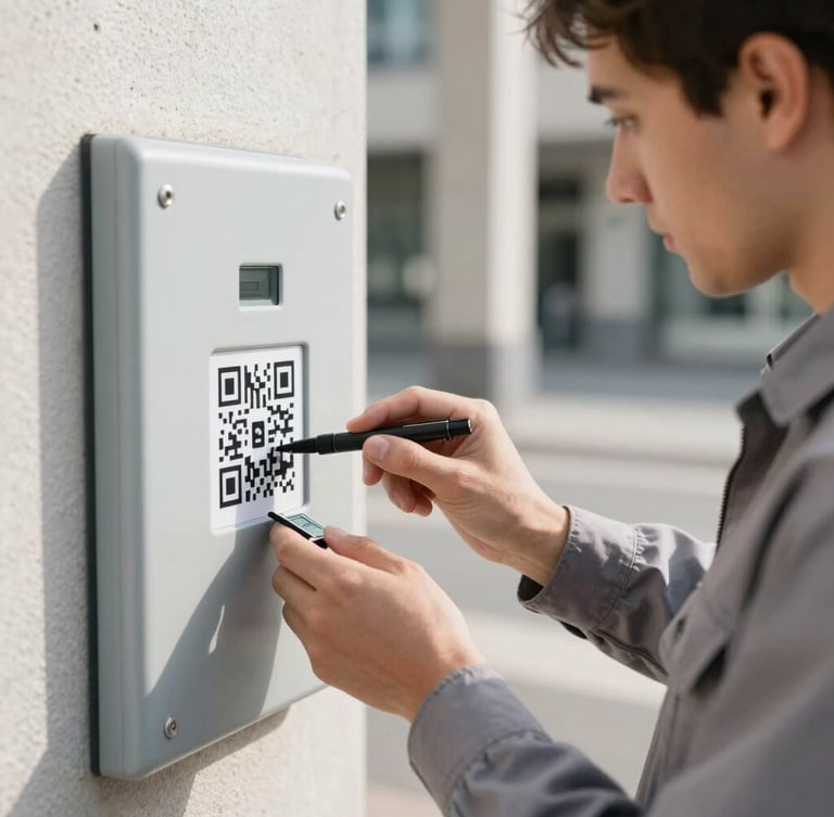 Close-up of a technical worker in a clean Swiss municipal environment scanning a QR code on a public asset, bright natural daylight, crisp neutral tones, 35mm