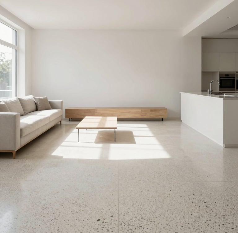 Crisp architectural shot of a bright modern living room with terrazzo floors and minimalist furniture, sunlit high-key daylight, soft shadows, pristine order.