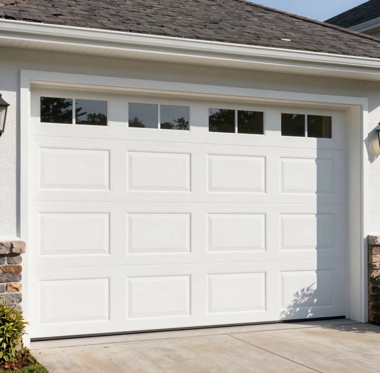 A clean, modern white garage door newly installed on a suburban home. Bright daylight highlights the crisp panels and high-quality steel hardware.