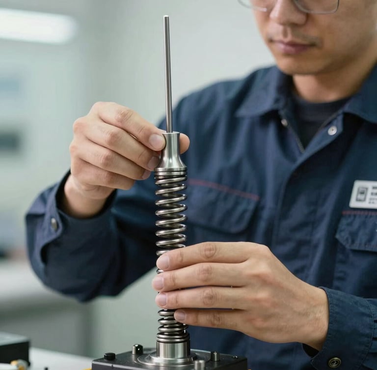 Close-up of a certified technician in a clean navy uniform adjusting a heavy-duty steel torsion spring with professional tools, bright natural daylight.