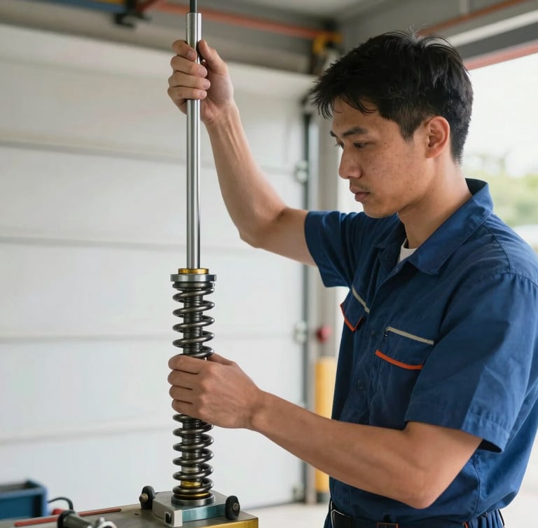 A clean-uniformed garage door technician carefully adjusting a heavy-duty steel torsion spring with professional tools, bright natural daylight, medium shot.