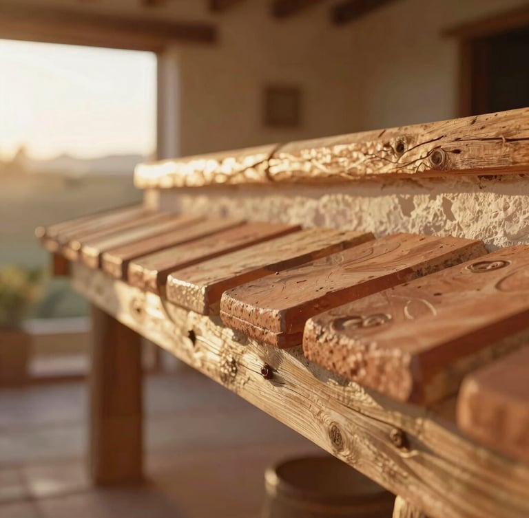 Close-up of rustic handmade terracotta tiles and raw wooden beams in a sunlit room, soft focus, warm golden hour light.