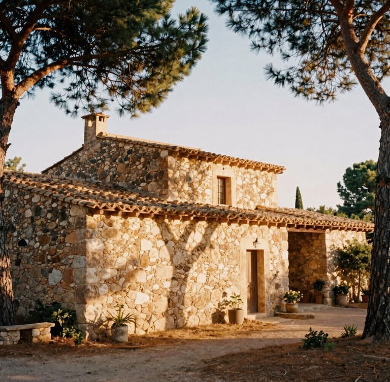 Warm editorial photograph of sun-dappled stone walls of the Catalan finca, soft golden light filtering through pine trees, 35mm film feel, wide angle.