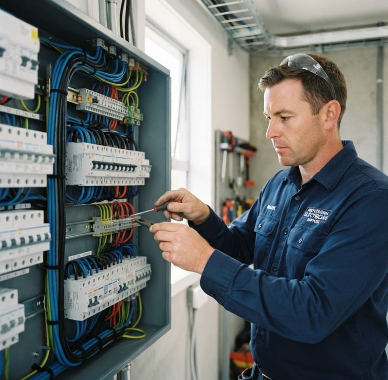 Medium close-up of a professional electrician in a neat blue uniform working on a clean modern switchboard, bright natural daylight, crisp details, high-contrast blue and slate tones, sharp focus, 35mm