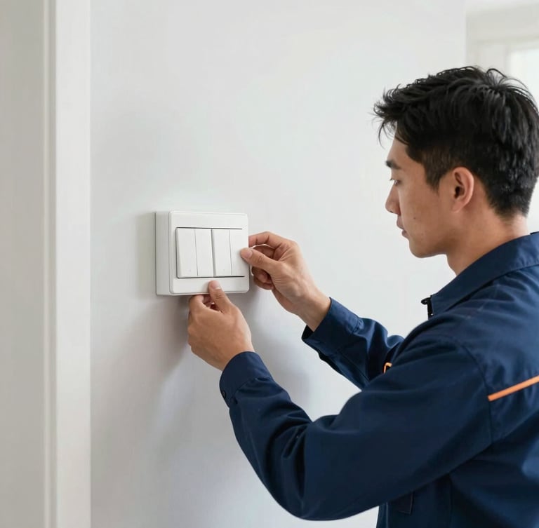 Clean commercial photography of a professional electrician in a neat navy uniform installing a modern smart switchboard in a bright Sydney home, crisp details, high-contrast blue and slate tones, 35mm