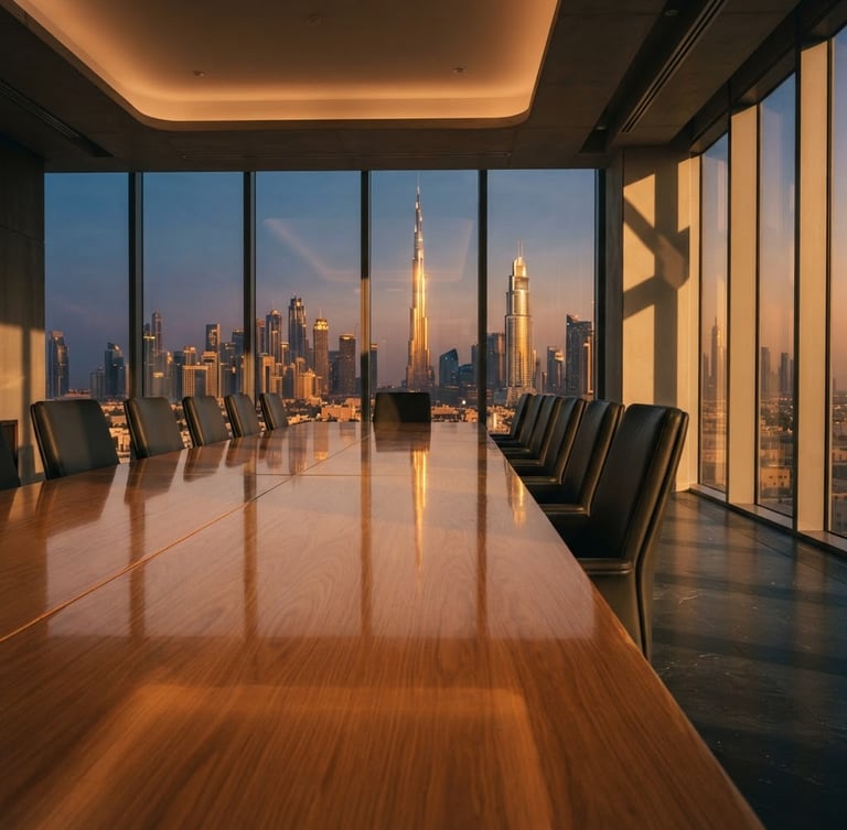 Low-angle warm editorial photograph of an empty, ultra-premium high-rise boardroom in Dubai, sharp architectural shadows, golden hour light reflecting off a polished oak table, minimalist layout, 35mm.