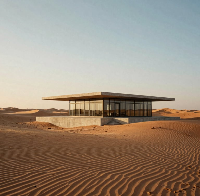 A wide architectural shot of a sleek concrete and glass pavilion nestled in the rolling dunes of the Dubai desert, low-angle golden-hour light casting long shadows, 35mm