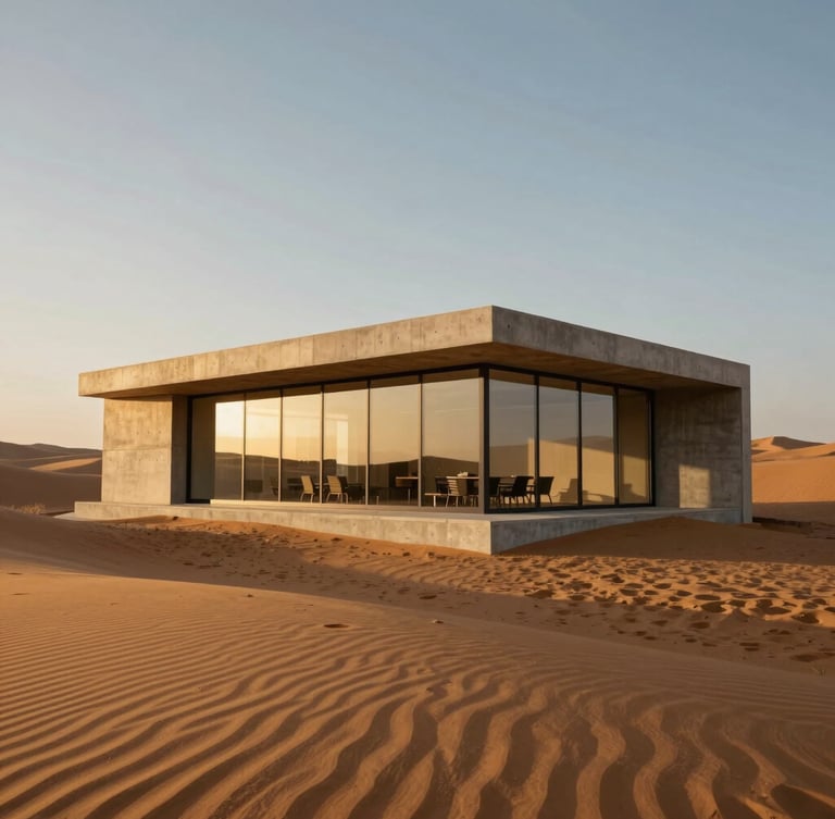 Low-angle architectural shot of a minimalist concrete and glass boardroom nestled in quiet desert dunes, golden hour light, high-contrast shadows.