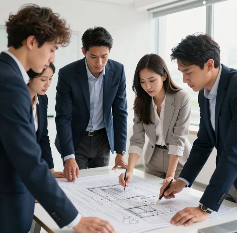 Crisp editorial photo of a diverse team of skilled professionals collaborating in a bright, clean, modern office environment, planning blueprints on a table, professional navy tones, bright natural daylight.