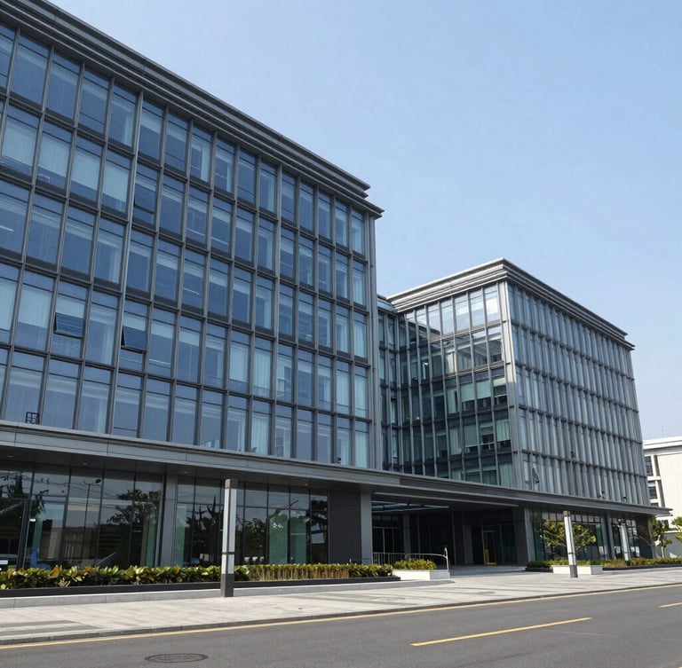 Wide environmental shot of a modern glass government facility under clear daylight, sharp architectural lines, professional composition