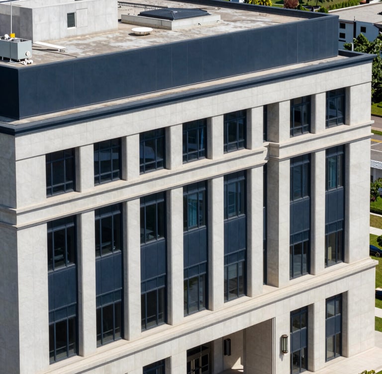 A high-angle architectural shot of a modern federal building exterior with clean geometric lines under bright daylight, crisp navy tones.