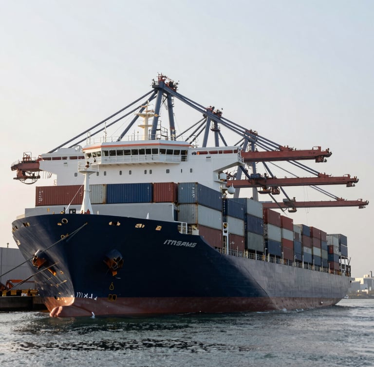Wide-angle editorial corporate photo of a deep-sea container vessel docked at a modern automated port during sharp morning daylight, cool gray and deep navy tones.