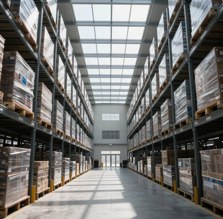 A modern automated warehouse interior with high-contrast architectural daylight streaming through skylights, highlighting organized cargo.