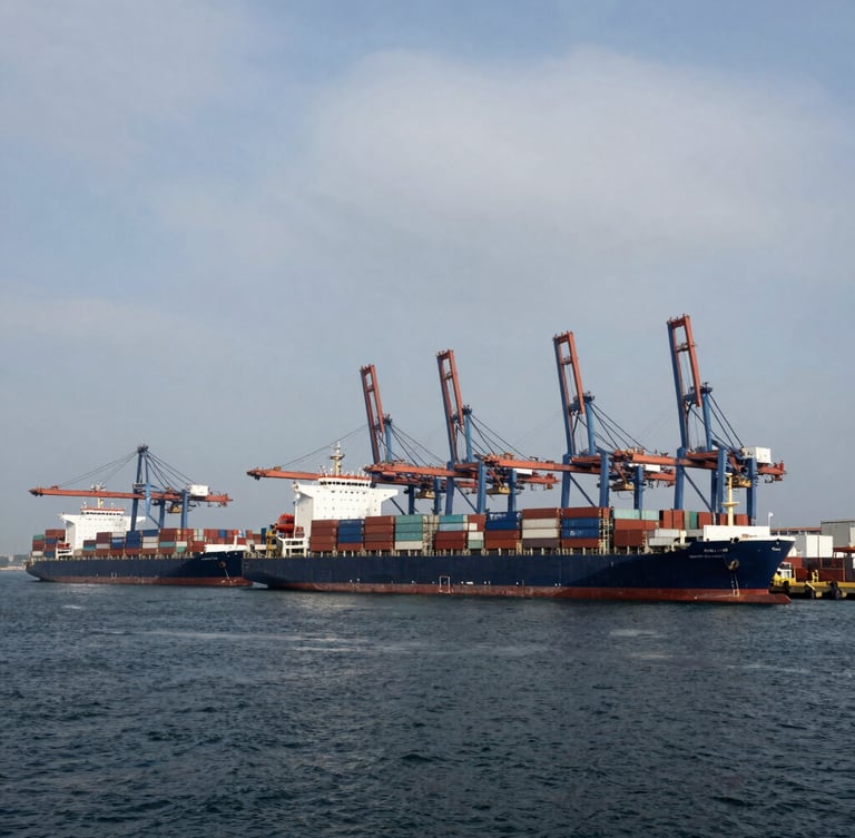 Wide-angle environmental shot of deep-sea container vessels docking at a modern automated port under sharp overcast morning light, deep navy water.