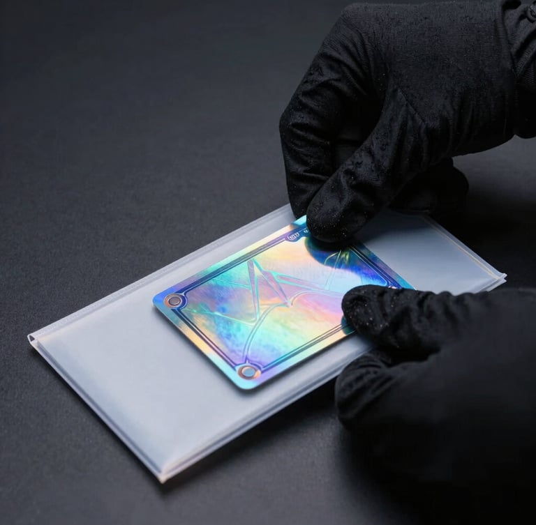 Hands wearing black cotton gloves carefully sliding a rare holographic card into a tight protective sleeve on a clean dark surface, dramatic cyan side-light