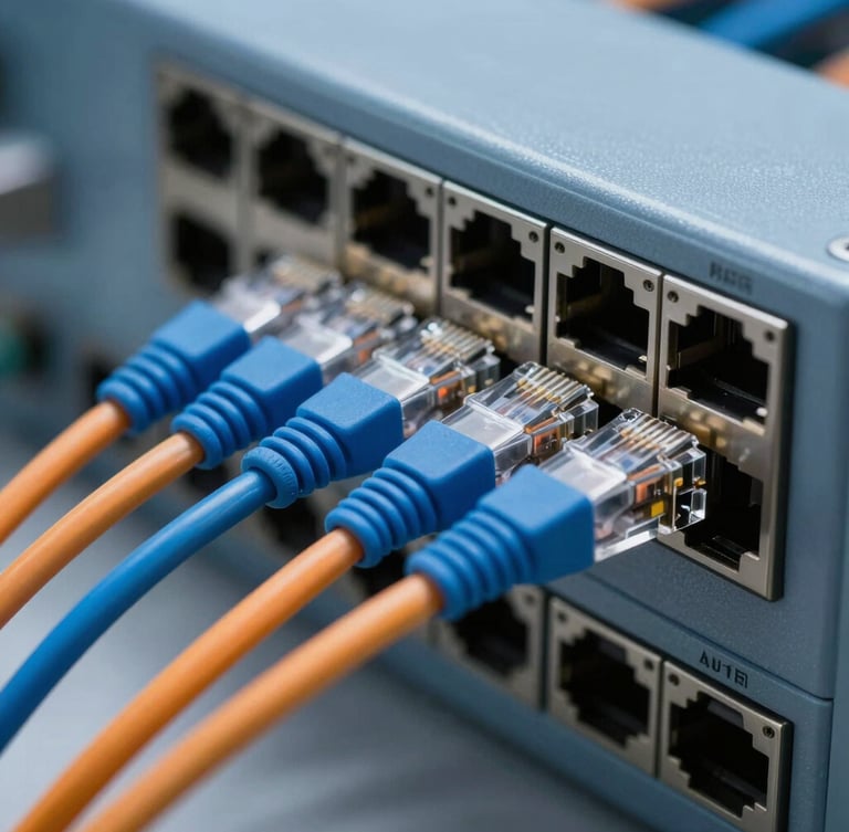Macro photography of structured blue and orange ethernet cables plugged into a high-density enterprise network switch, cool laboratory lighting, shallow depth of field.