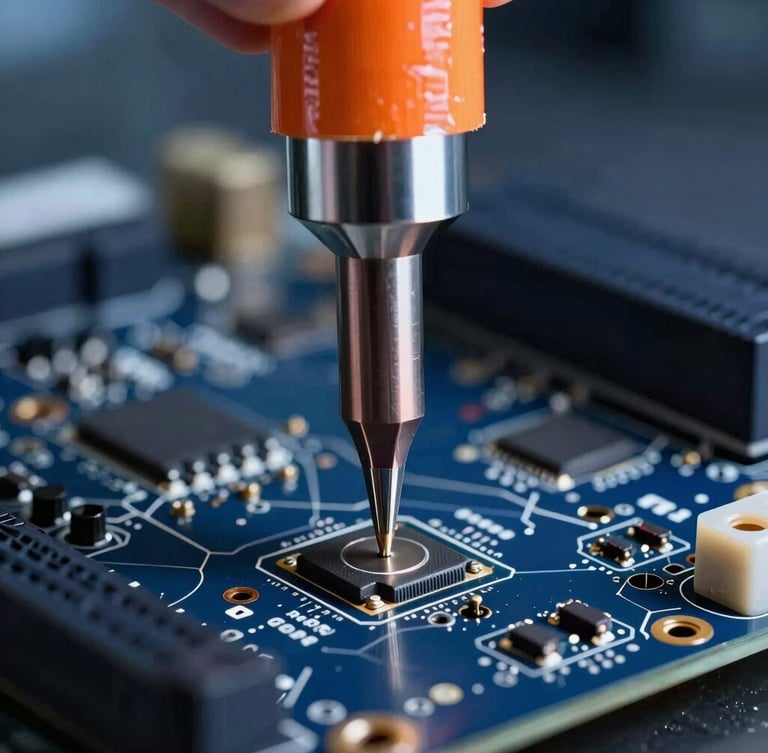 Macro photograph of precision soldering on a dark blue motherboard, industrial cool-toned laboratory lighting, safety orange heat-resistant tape visible, extreme close-up.
