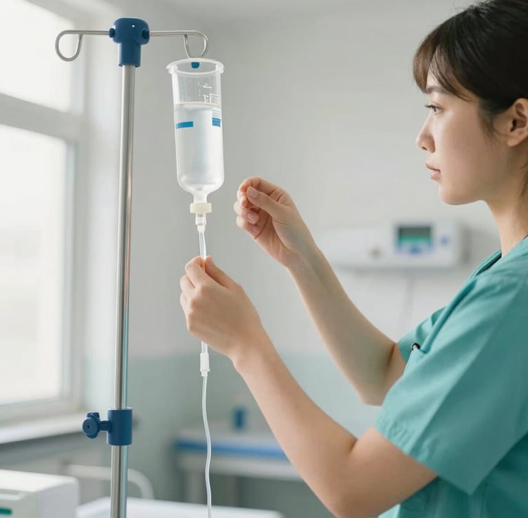 A medium close-up of a nursing student in clean teal scrubs adjusting an IV drip in a bright, modern simulation lab, warm natural daylight, 35mm.