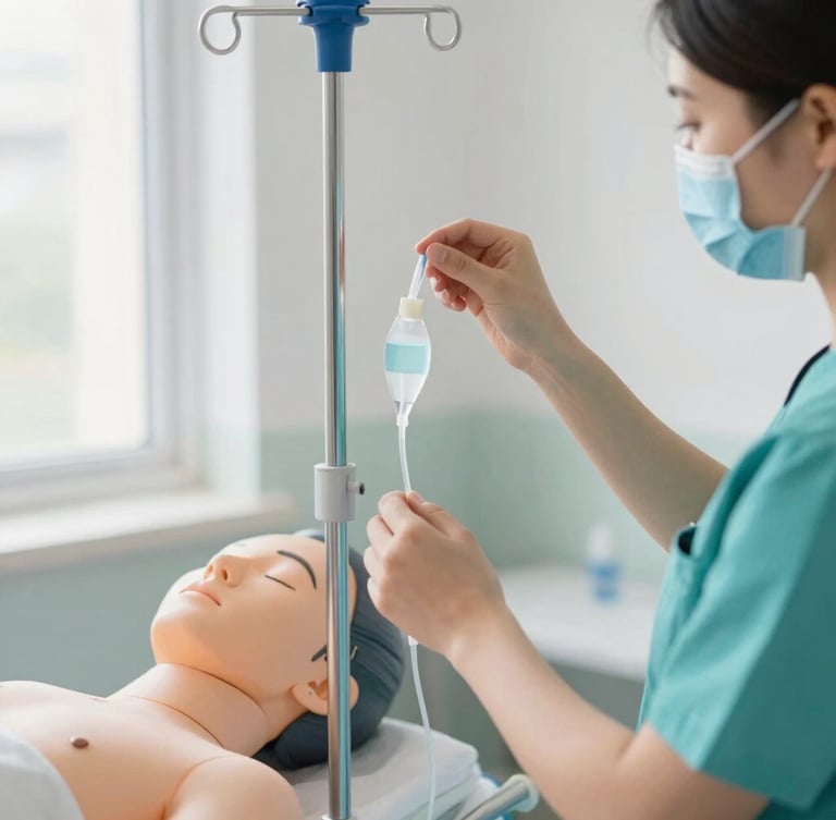Medium close-up of a nursing student in teal scrubs adjusting an IV line on a high-fidelity patient simulator, bright natural daylight, clean clinical environment, 35mm.