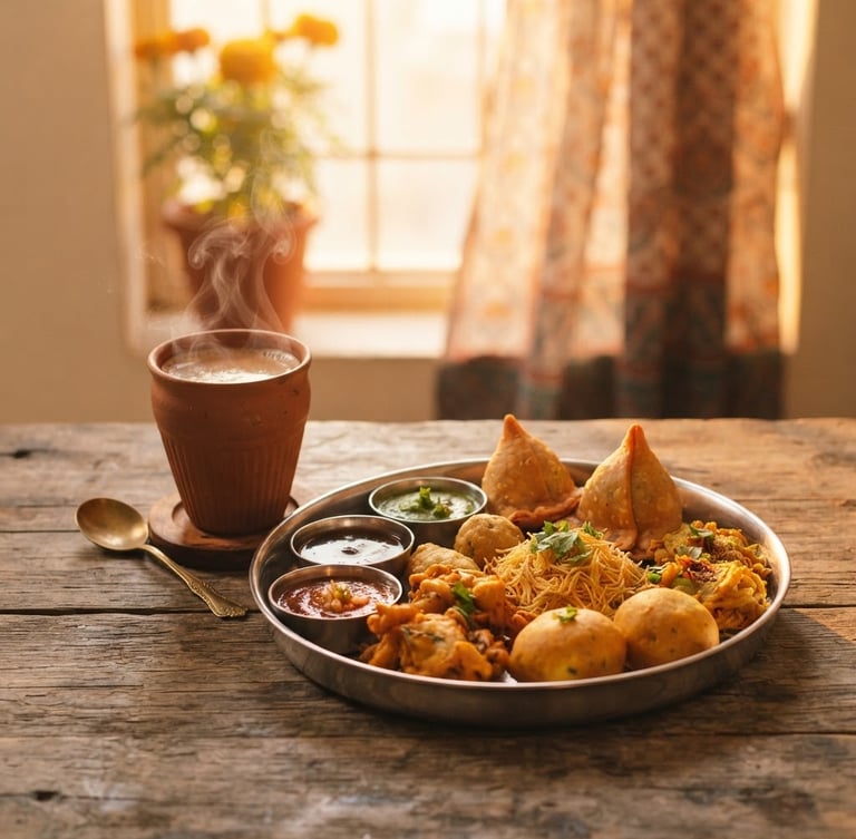 Warm, golden-hour photograph of assorted Indian snacks on a stainless steel plate next to a steaming cup of chai, soft shadows, shallow depth of field, wide.