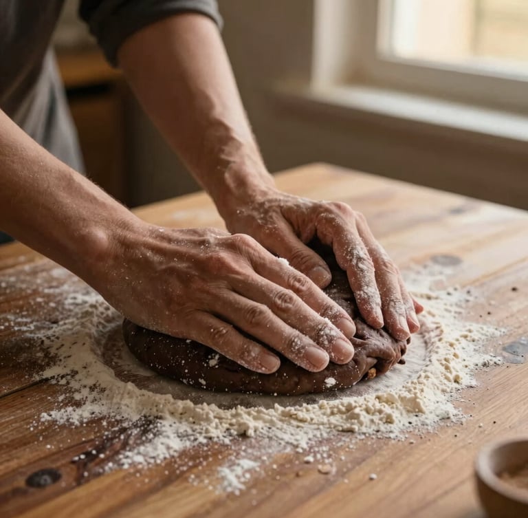 Hands dust flour over a rustic wooden table, kneading dark ragi cookie dough under soft golden-hour window light.