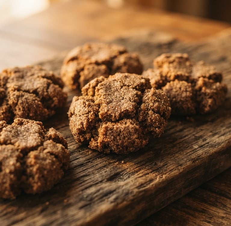 Macro shot of crumbly, textured golden-brown ragi cookies on a rustic wooden board, soft golden-hour window light casting warm shadows, 35mm.