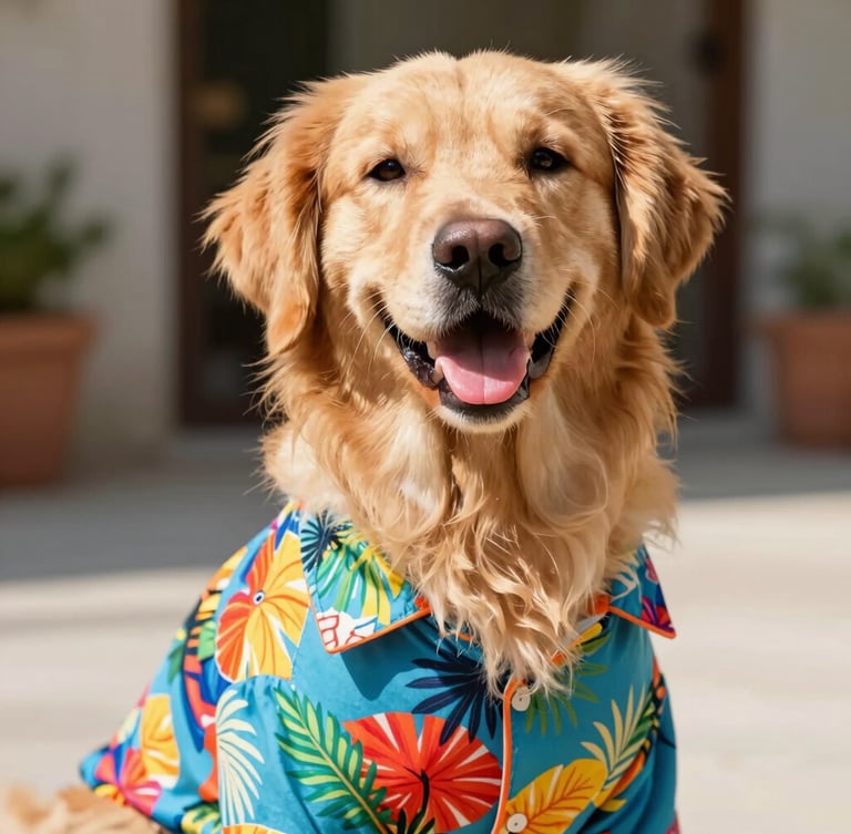 Vibrant pet photography, a happy golden retriever wearing a colorful tropical print shirt, bright natural daylight, eye-level shallow depth of field, 35mm
