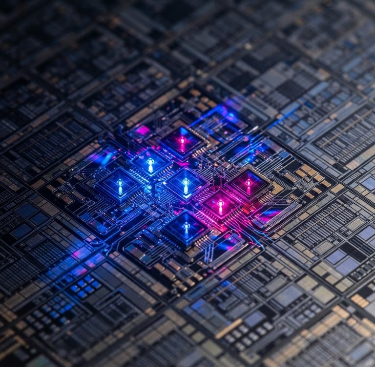 Extreme macro close-up of a silicon wafer and micro-optical display chips, sharp technical laser lighting with deep blue and magenta refractions, 50mm lens