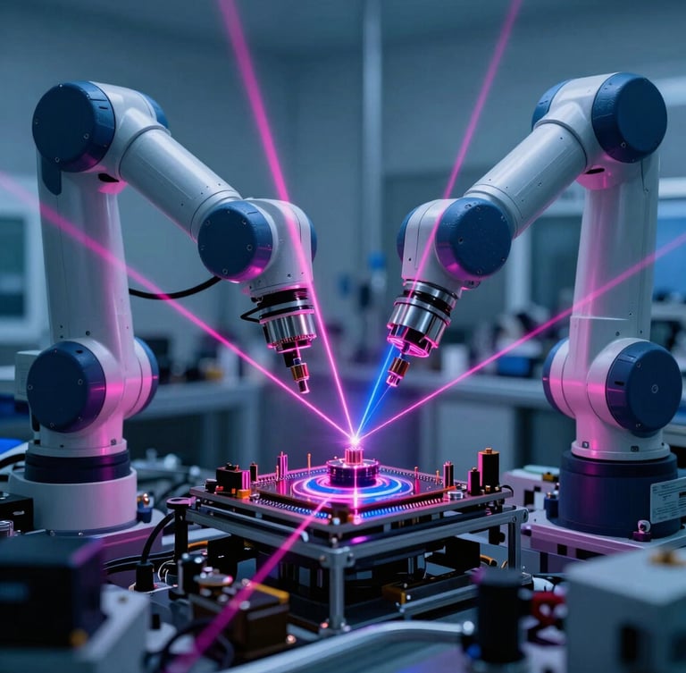 Wide-angle cleanroom manufacturing environment with robotic arms assembling micro-optics, high-contrast technical lighting with sharp pink and blue laser refractions