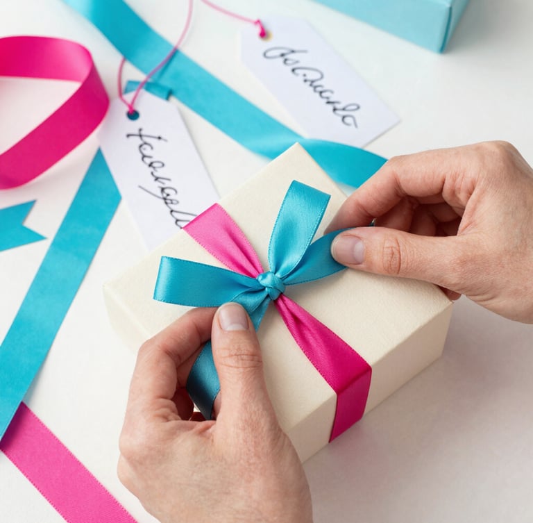 Overhead flat-lay of vibrant fuchsia and turquoise gift wrapping ribbons, custom paper tags with handwritten calligraphy, and hands tying a bow on a cream box, bright natural daylight, festive maximalist style.
