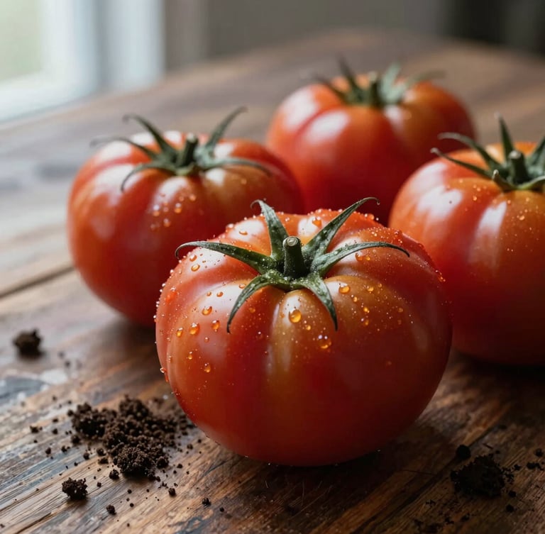 Extreme close-up of fresh heirloom tomatoes with soil on a rustic wooden table, soft natural side-lighting, Scandinavian interior mood.