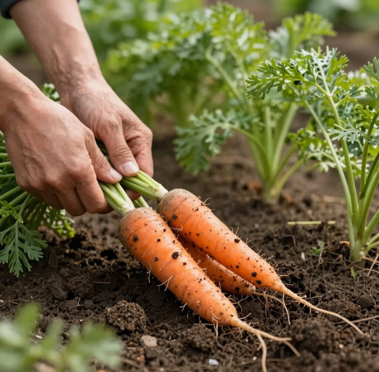 Extreme close-up from the left edge, hands pulling heirloom carrots from dark soil in a field row, natural soft side-lighting from the left, clumps of earth still clinging to the roots, shallow depth of field with blurred green foliage behind
