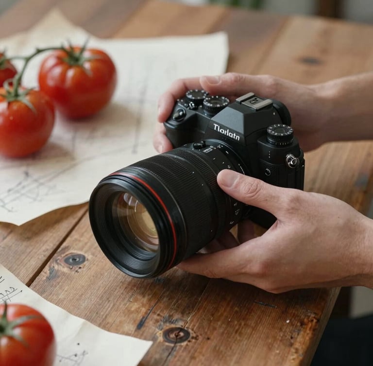 Close-up of hands adjusting a camera lens over a rustic wooden table scattered with fresh heirloom tomatoes and parchment sketches, soft natural side-lighting, cozy Scandinavian shadows.