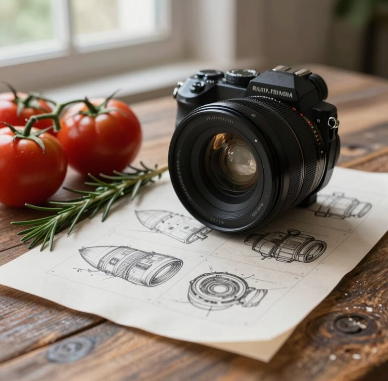 A camera lens positioned over a rustic wooden table, sketching storyboards on parchment paper next to fresh heirloom tomatoes and rosemary sprigs, soft natural window light.