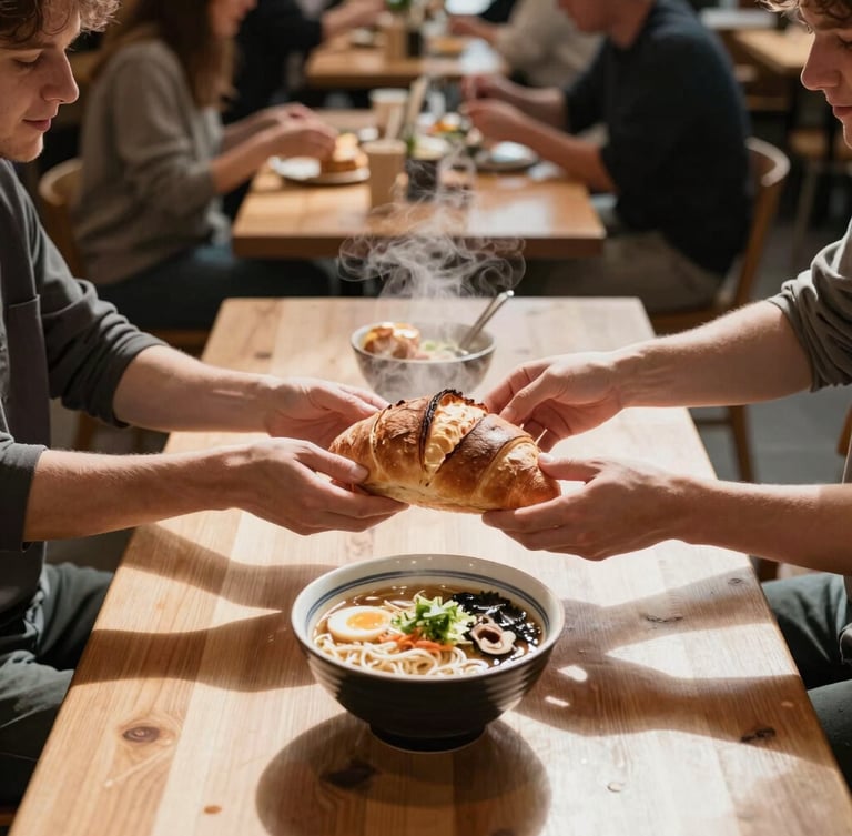 Overhead shot of a bustling modern food hall, long wooden communal tables, soft Scandinavian side-lighting, warm steam rising from a bowl of ramen, hands passing a fresh sourdough loaf, cozy shadows.