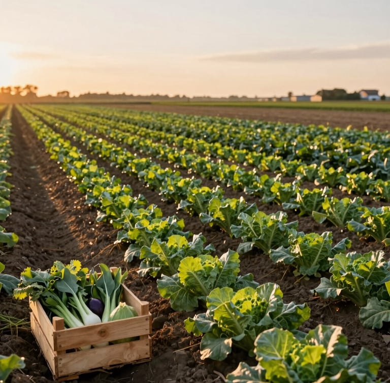 Wide environmental shot from the left edge, a small farm field at golden-hour dusk, rows of leafy greens receding into the background, soft warm side-light casting long shadows across the furrows, a single wooden crate of harvested produce in the foreground left corner
