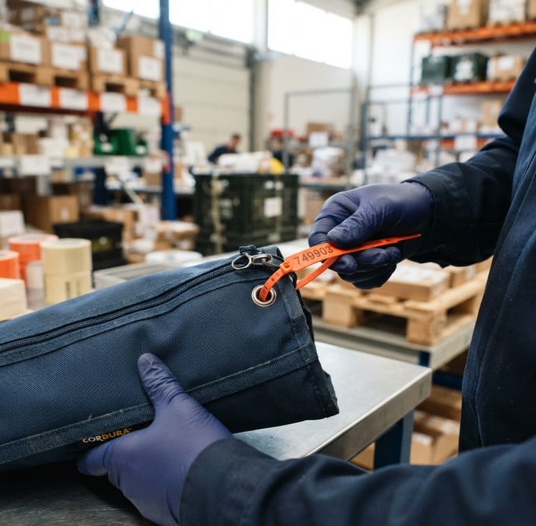 Close-up of a hand sealing a heavy-duty navy blue security pouch with a bright orange numbered zip-tie lock, professional industrial setting, bright daylight, sharp focus