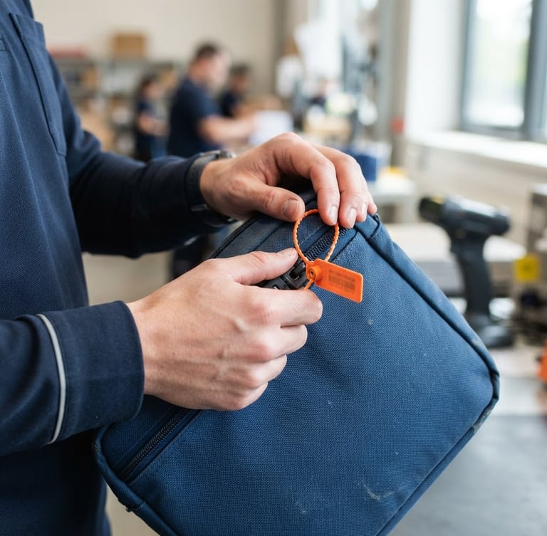 Close-up of a heavy-duty blue security pouch with a bright orange tamper-evident seal, held by a courier in a clean uniform, bright natural daylight, sharp focus, 35mm lens