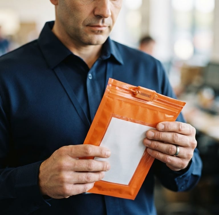 Close-up of a professional courier in a clean navy uniform holding a sealed orange security pouch, bright natural daylight, sharp focus, 35mm lens