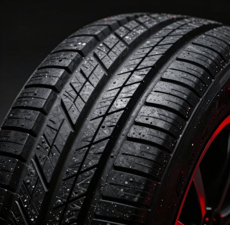 Close-up macro shot of premium tire tread pattern, dramatic high-contrast studio lighting, sharp rubber textures, deep blacks, 85mm