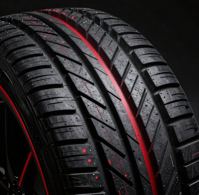 Sleek modern passenger car tire tread pattern, extreme macro close-up, high-contrast studio lighting, deep blacks with sharp red accents, 85mm