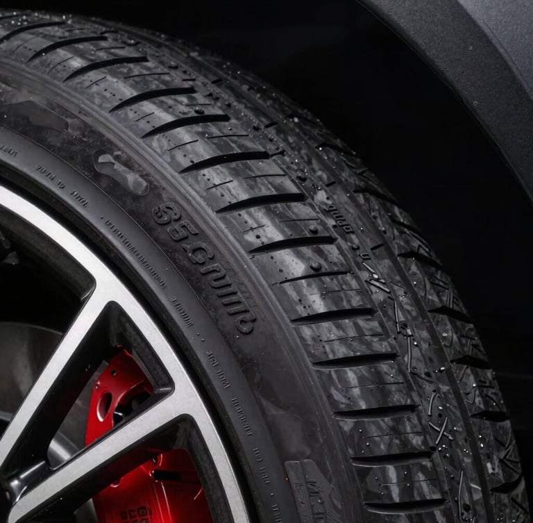 Sleek modern passenger car tire sidewall showing detailed lettering, high-contrast studio lighting, sharp macro detail of rubber compound, 85mm