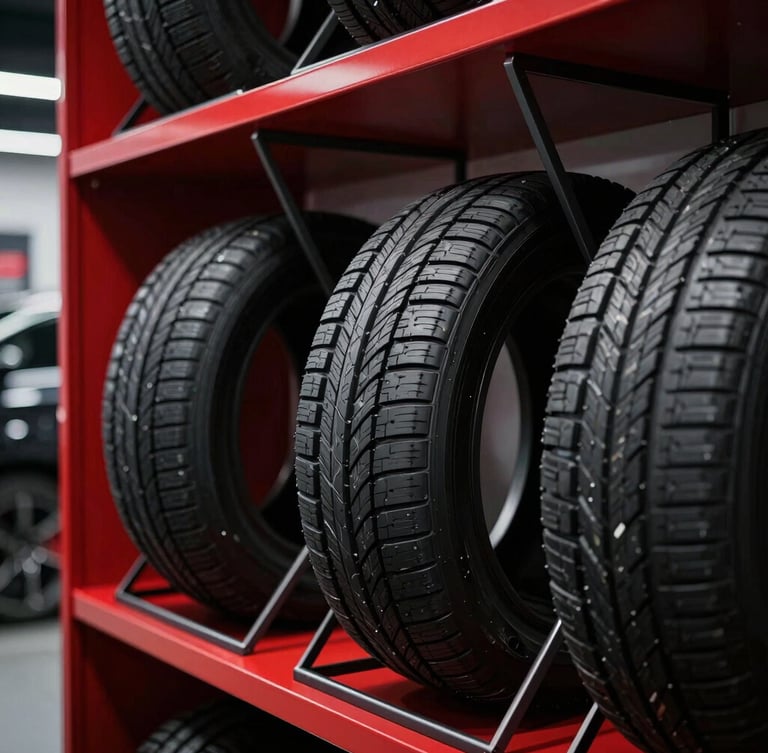 A high-contrast automotive showroom interior with Sailun tires displayed on geometric steel racks, sharp focus on tread patterns, premium red and black accents