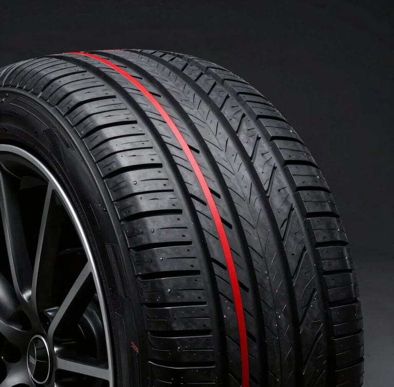 Sleek modern passenger car tire profile, high-contrast studio lighting, deep black rubber with sharp red accents, sharp macro tread detail, 85mm